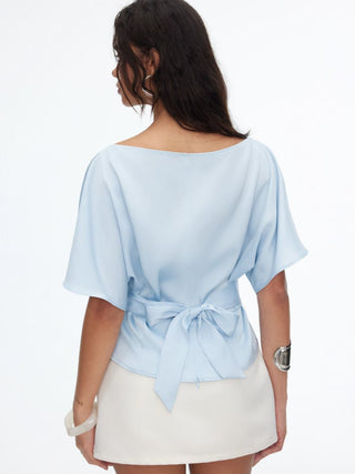 Boat Neck Batwing Sleeve Tie Back Top