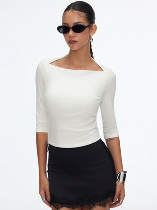 Textured Boat Neck Mid-length Sleeve Slim Top