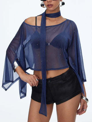 Sheer Glitter Chiffon Boat Neck Top with Scarf