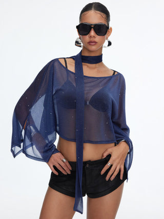 Sheer Glitter Chiffon Boat Neck Top with Scarf