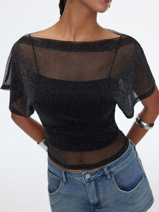 Metallic Mesh Textured Batwing Sleeve Lined Tee