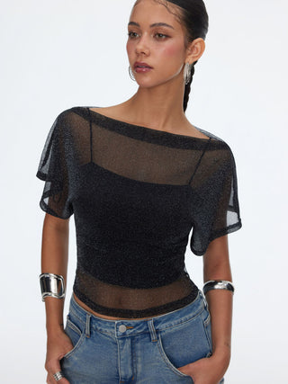 Metallic Mesh Textured Batwing Sleeve Lined Tee