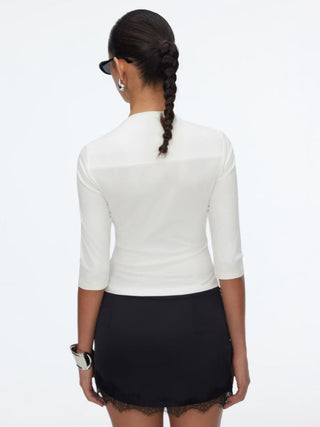 Textured Boat Neck Mid-length Sleeve Slim Top