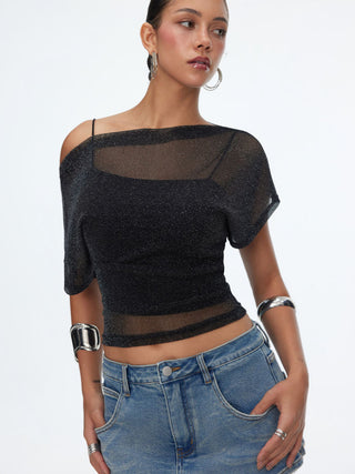 Metallic Mesh Textured Batwing Sleeve Lined Tee
