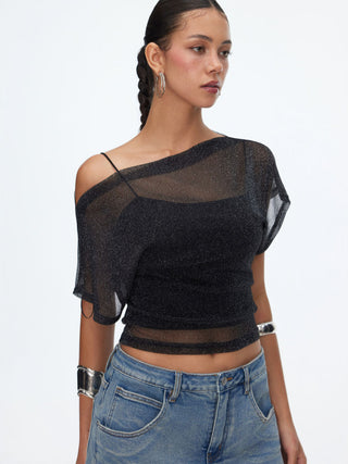 Metallic Mesh Textured Batwing Sleeve Lined Tee