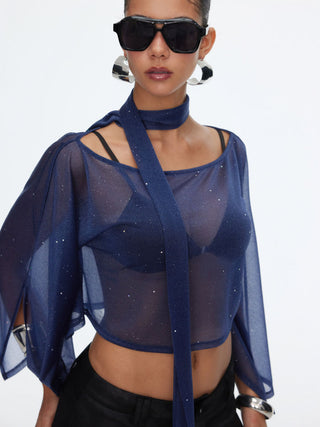 Sheer Glitter Chiffon Boat Neck Top with Scarf