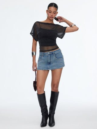 Metallic Mesh Textured Batwing Sleeve Lined Tee