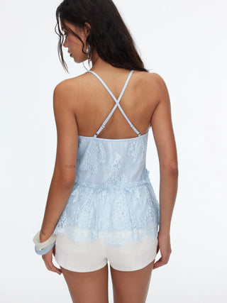 Cotton-blend V-neck Lace Panel Ruffle Hem Cami Blouse