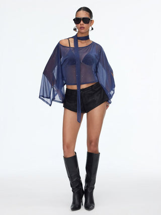 Sheer Glitter Chiffon Boat Neck Top with Scarf