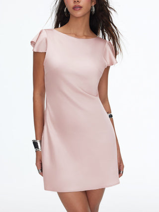 Satin Boat Neck Ruffle Sleeve Backless Mini Dress with Chain