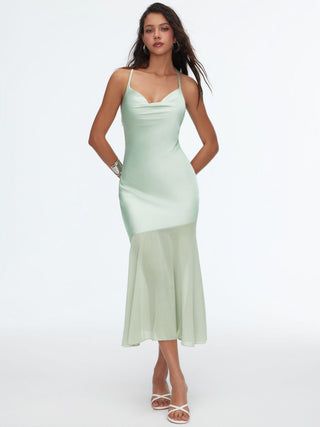 Satin Cowl Neck Ruched Criss Cross Mermaid Maxi Dress