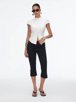Mandarin Collar Frog Button Cap Sleeve Blouse