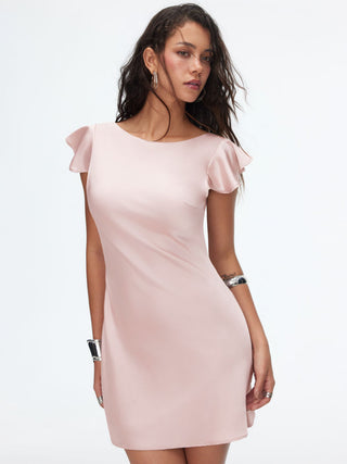 Satin Boat Neck Ruffle Sleeve Backless Mini Dress with Chain