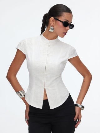 Mandarin Collar Frog Button Cap Sleeve Blouse