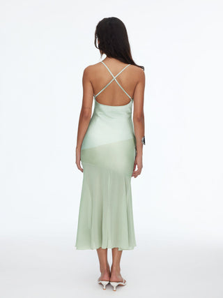 Satin Cowl Neck Ruched Criss Cross Mermaid Maxi Dress
