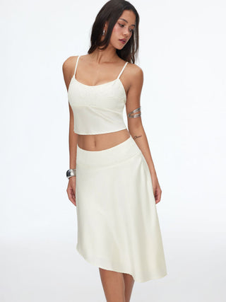 Satin Lace Cami Top & Low Rise Asymmetrical Midi Skirt Set