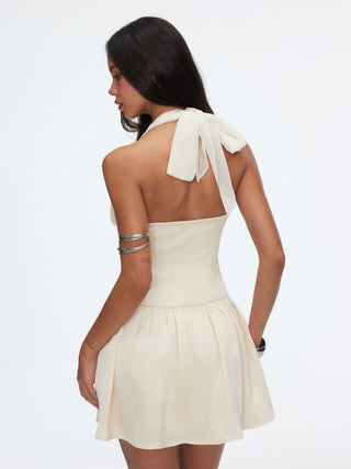 Satin Halter Neckline Ruffled Pleated Slim Mini Dress