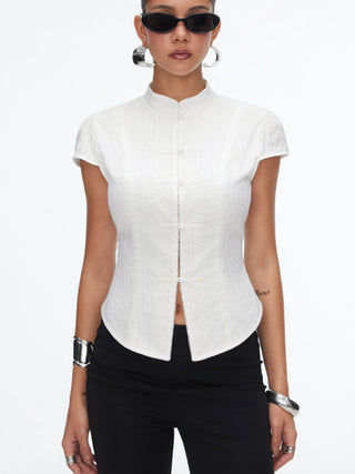 Mandarin Collar Frog Button Cap Sleeve Blouse