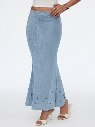 Textured Mid Rise Star Graphic Ruched Mermaid Maxi Skirt