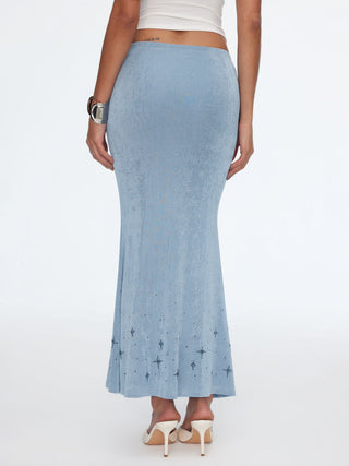 Textured Mid Rise Star Graphic Ruched Mermaid Maxi Skirt