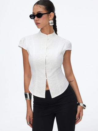 Mandarin Collar Frog Button Cap Sleeve Blouse