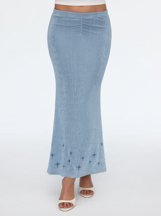 Textured Mid Rise Star Graphic Ruched Mermaid Maxi Skirt
