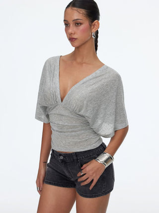 V-neck Batwing Sleeve Ruched Slim Tee