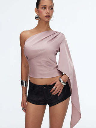 Satin Asymmetrical Neck Cloak Sleeve Draped Blouse