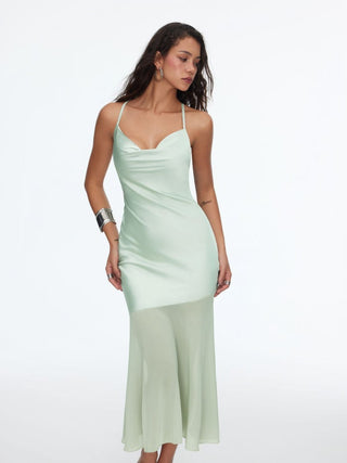 Satin Cowl Neck Ruched Criss Cross Mermaid Maxi Dress