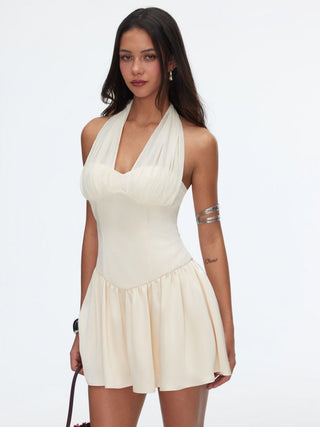 Satin Halter Neckline Ruffled Pleated Slim Mini Dress