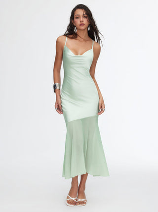 Satin Cowl Neck Ruched Criss Cross Mermaid Maxi Dress