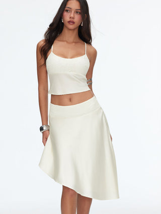 Satin Lace Cami Top & Low Rise Asymmetrical Midi Skirt Set