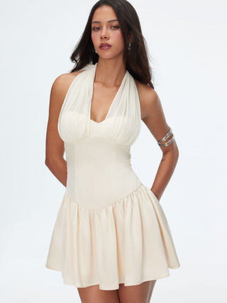 Satin Halter Neckline Ruffled Pleated Slim Mini Dress