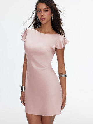 Satin Boat Neck Ruffle Sleeve Backless Mini Dress with Chain