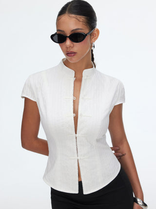 Mandarin Collar Frog Button Cap Sleeve Blouse