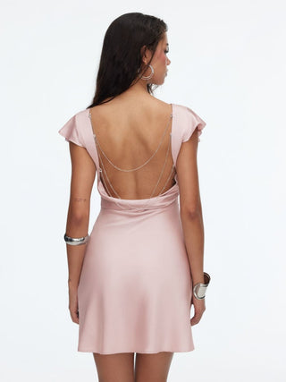 Satin Boat Neck Ruffle Sleeve Backless Mini Dress with Chain