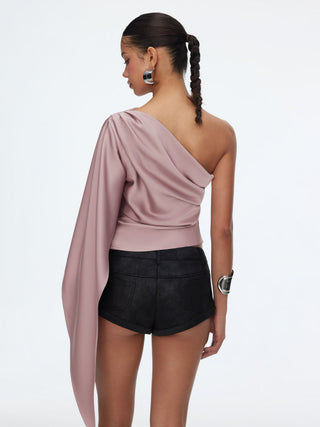 Satin Asymmetrical Neck Cloak Sleeve Draped Blouse