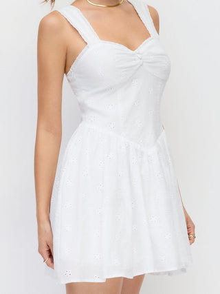 Cotton Broderie Anglaise Sweetheart Ruched Flared Mini Dress
