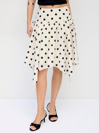 Mid Rise Polka Dot Twist Knotted Hanky Hem Midi Skirt