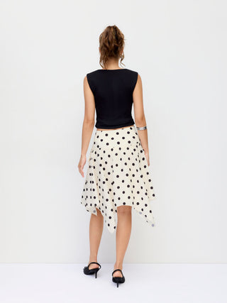 Mid Rise Polka Dot Twist Knotted Hanky Hem Midi Skirt