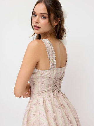 Cotton Floral Stripe Square Neck Lace Trim Bowknot Flared Mini Dress