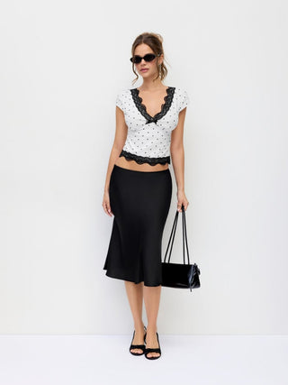 Cotton-blend Polka Dot V-neck Short Sleeve Lace Trim Bowknot Top