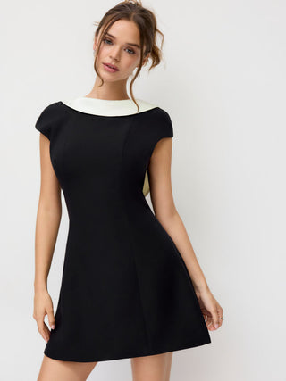 Colorblock Boat Neck Backless Bowknot A-line Mini Dress