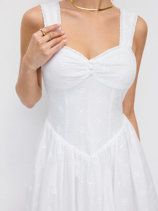 Cotton Broderie Anglaise Sweetheart Ruched Flared Mini Dress
