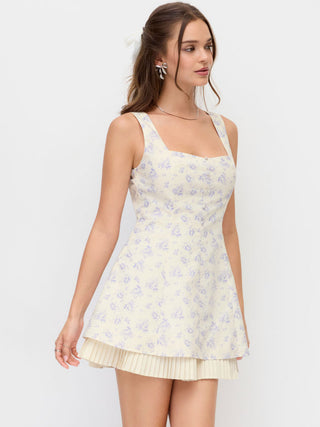 Cotton-blend Floral Sweetheart Neck Pleated A-line Mini Dress