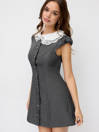 Lace Peter Pan Collar Puff Sleeve Metal Detail A-line Mini Dress