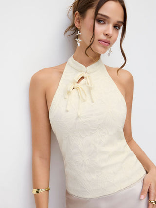 Jacquard Floral Lace Halter Neckline Bowknot Tank Top