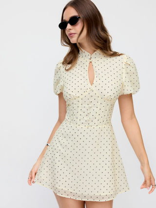 Chiffon Polka Dot Stand Collar Puff Sleeve A-line Mini Dress