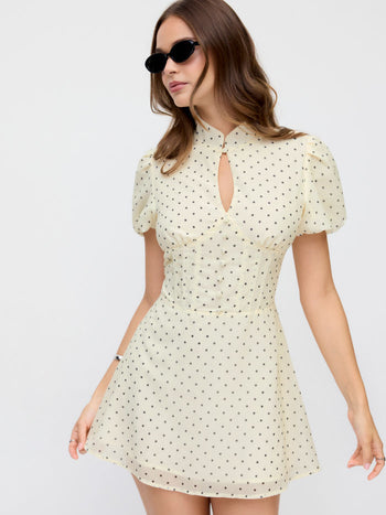Chiffon Polka Dot Stand Collar Puff Sleeve A-line Mini Dress