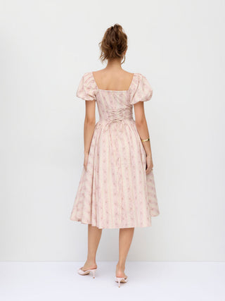 Cotton Floral Puff Sleeve Lace Trim Bowknot Flared Maxi Dress